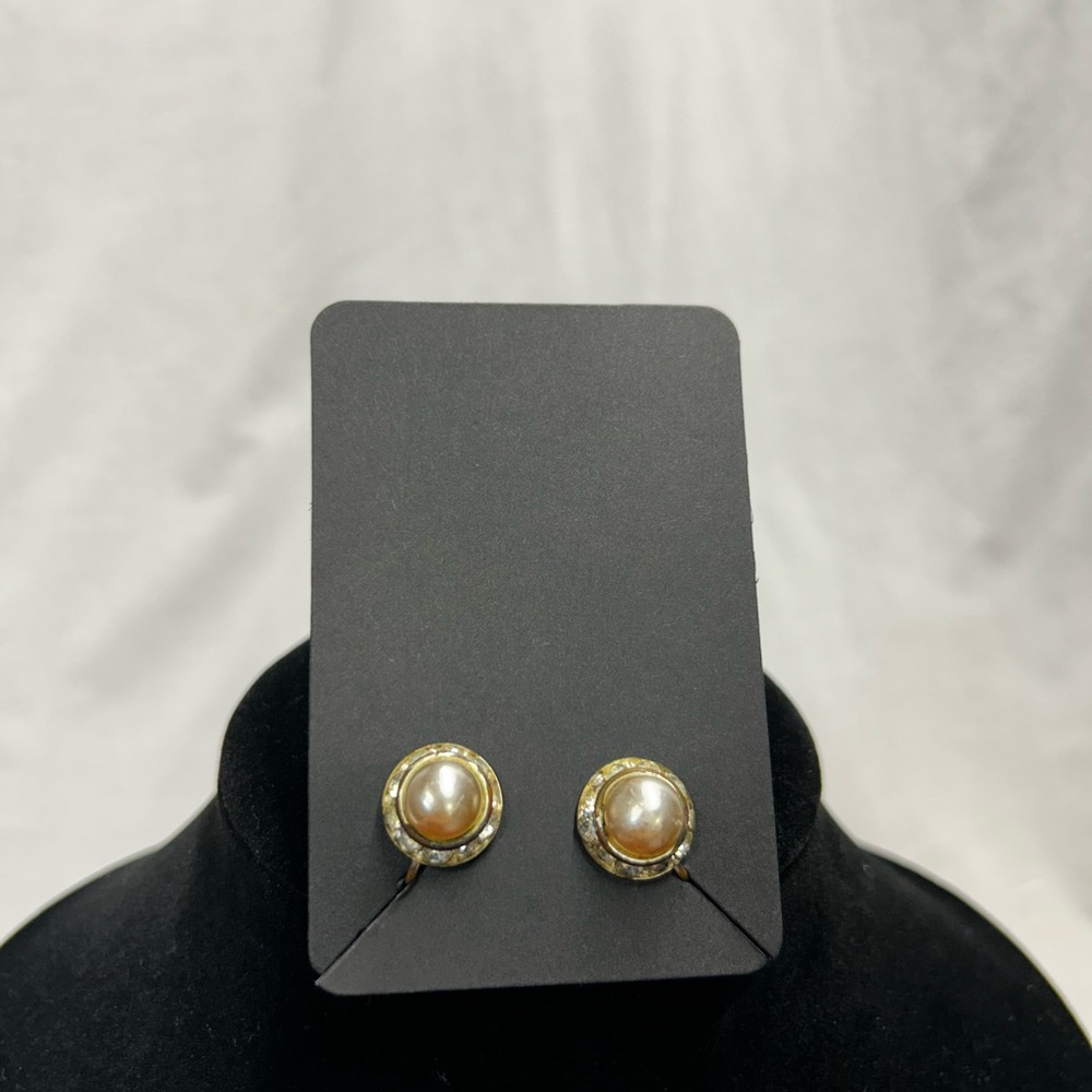 Vintage Faux Pearl Rhinestone Screw Back Earrings Non-Pierced 1950s-60s